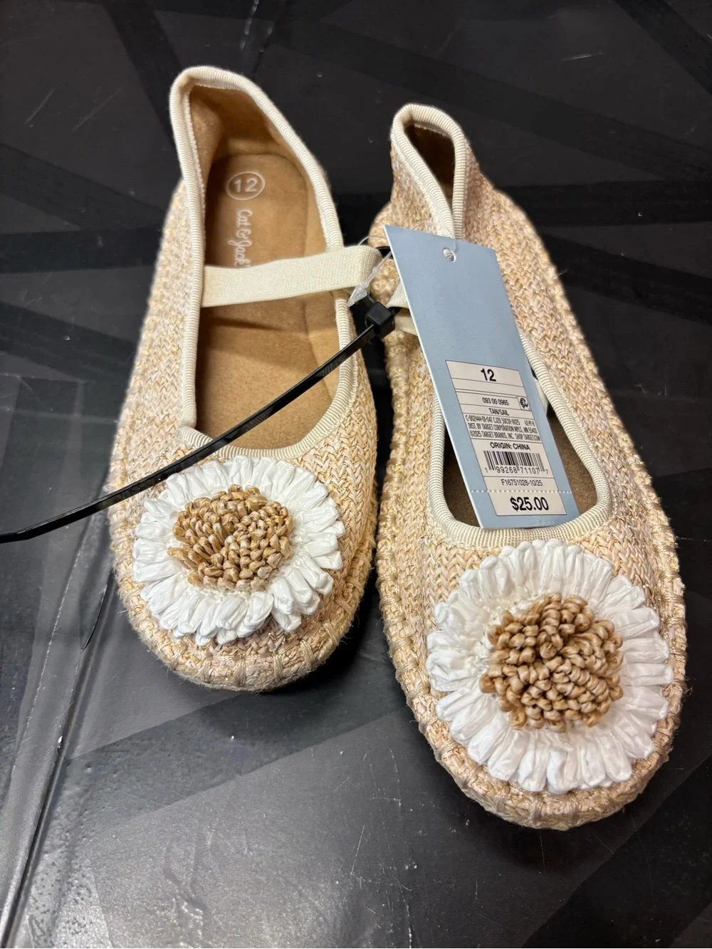Cat & Jack Beige Woven Ballet Flats with White Flower Accent b138s
